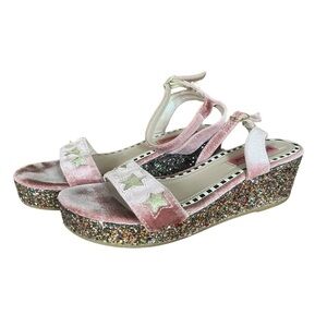 Betsey Johnson 5 Kenna Velvet Sparkle Sandals Stars Straps Boho Pink‎ Heel Wedge